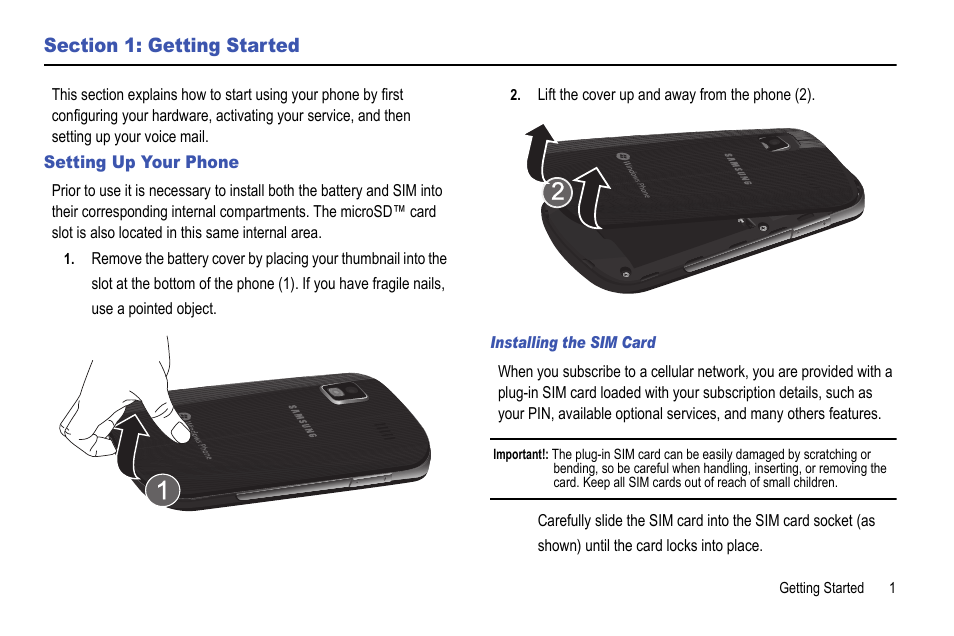 Section 1: getting started, Setting up your phone | Samsung Focus i917R User Manual | Page 7 / 118