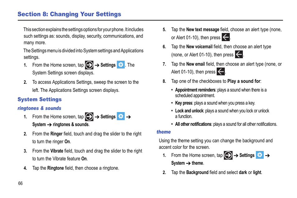 Section 8: changing your settings, System settings | Samsung Focus i917R User Manual | Page 72 / 118