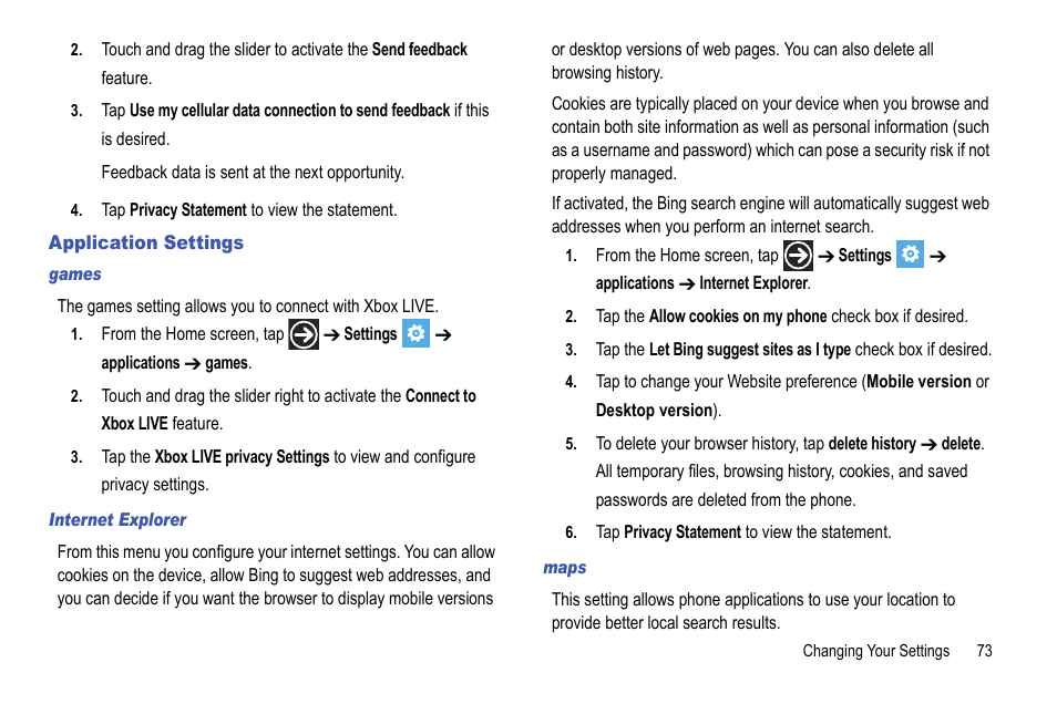 Application settings | Samsung Focus i917R User Manual | Page 79 / 118