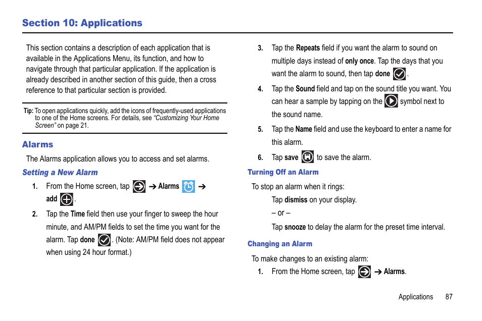 Section 10: applications, Alarms | Samsung Focus i917R User Manual | Page 93 / 118