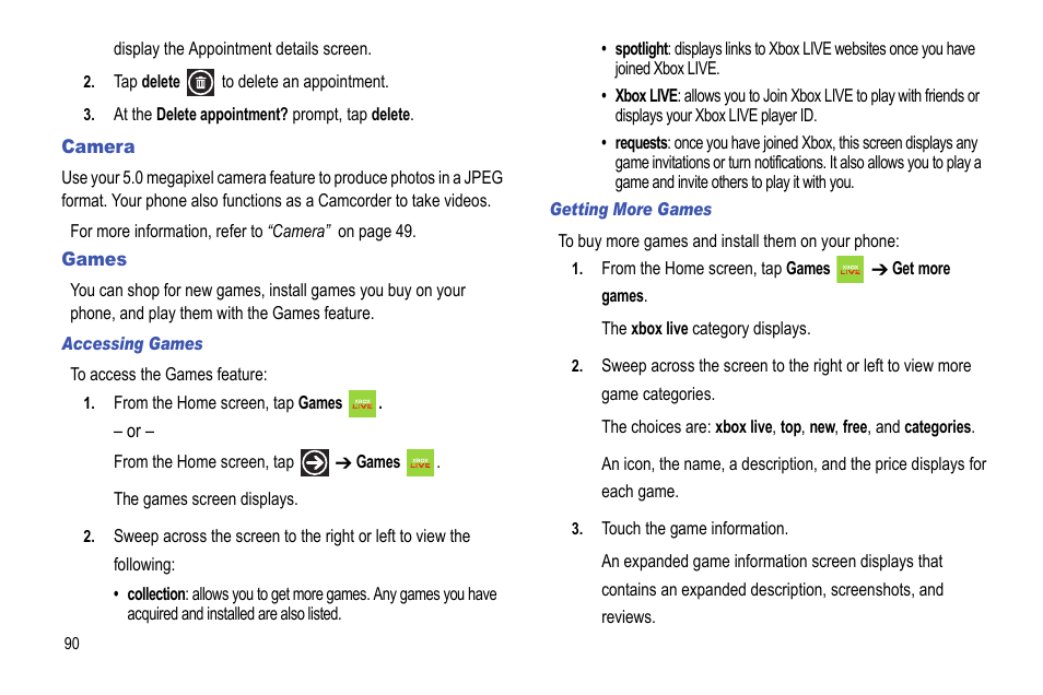 Camera, Games, Camera games | Samsung Focus i917R User Manual | Page 96 / 118