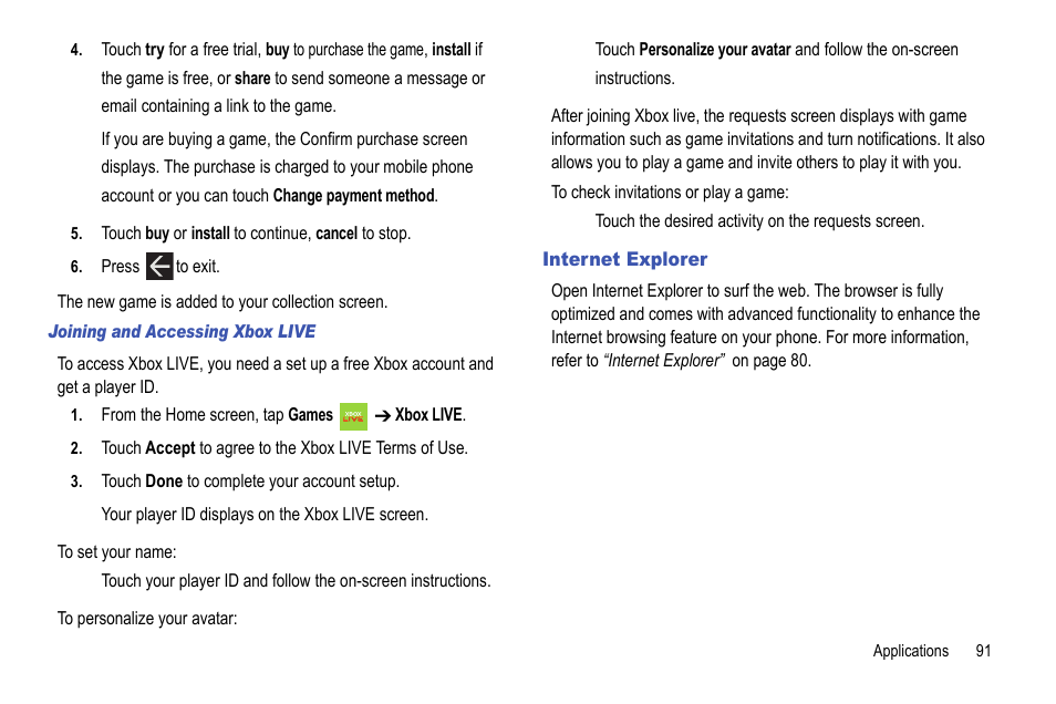 Internet explorer | Samsung Focus i917R User Manual | Page 97 / 118