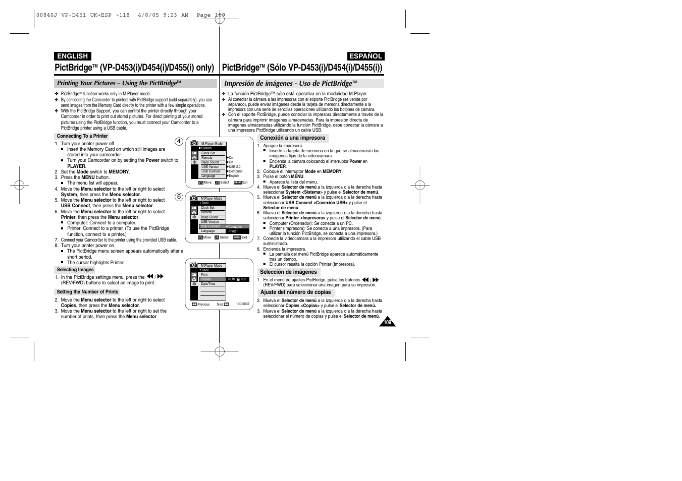 Pictbridge, Impresión de imágenes - uso de pictbridge | Samsung D452N User Manual | Page 109 / 120