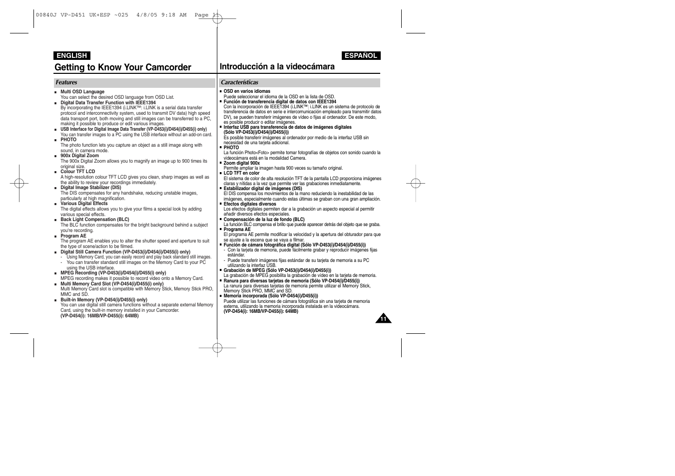 Getting to know your camcorder, Introducción a la videocámara | Samsung D452N User Manual | Page 11 / 120