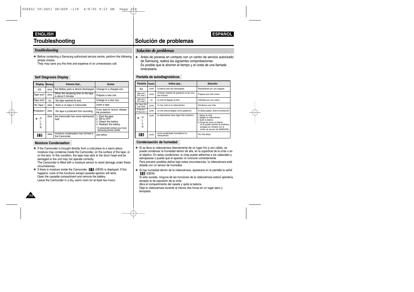 Troubleshooting solución de problemas, Solución de problemas | Samsung D452N User Manual | Page 114 / 120