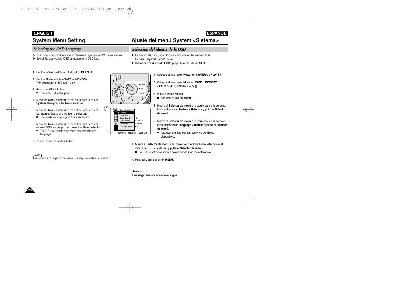 System menu setting, Ajuste del menú system <sistema | Samsung D452N User Manual | Page 26 / 120