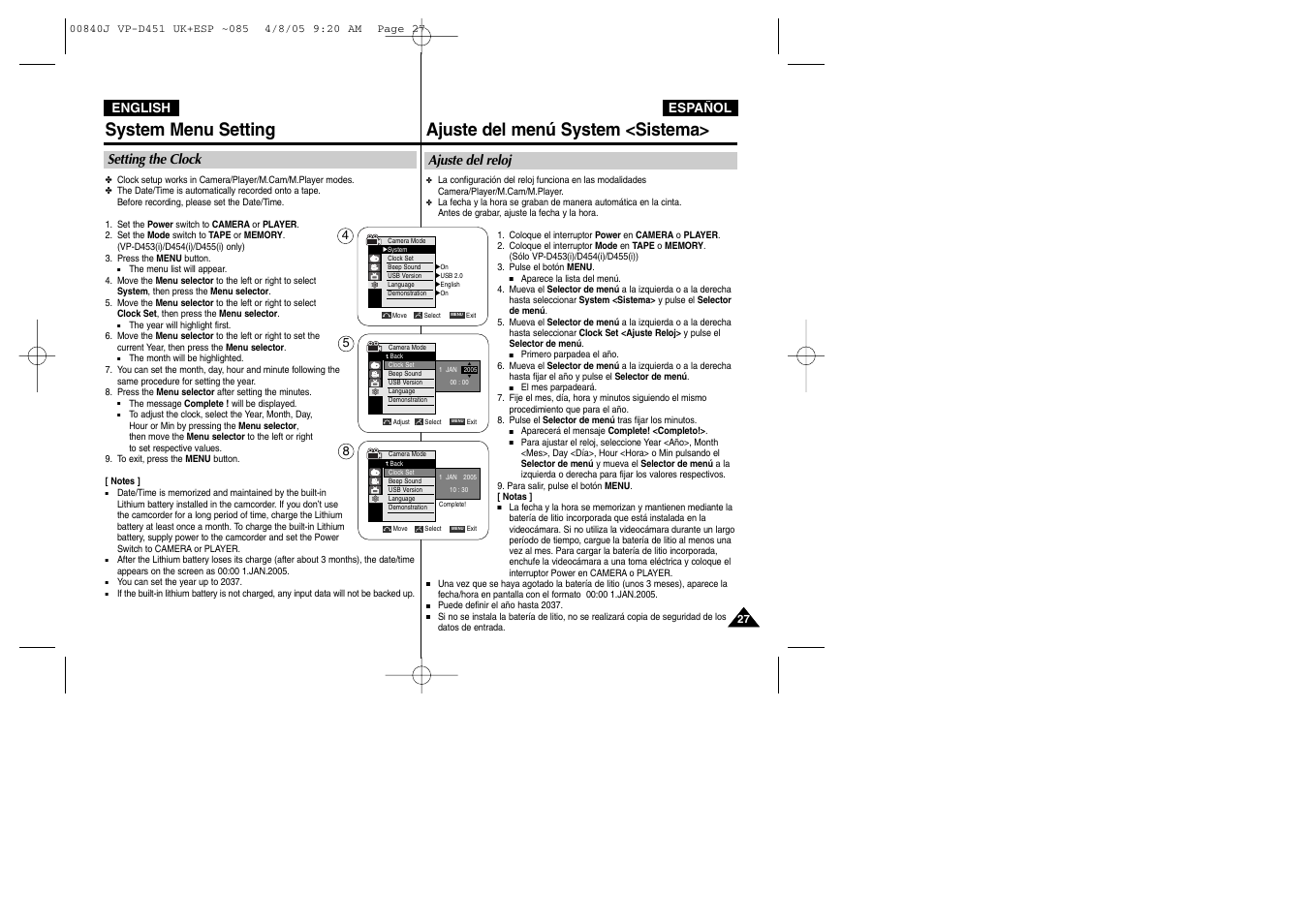 System menu setting, Ajuste del menú system <sistema, Setting the clock | Ajuste del reloj | Samsung D452N User Manual | Page 27 / 120