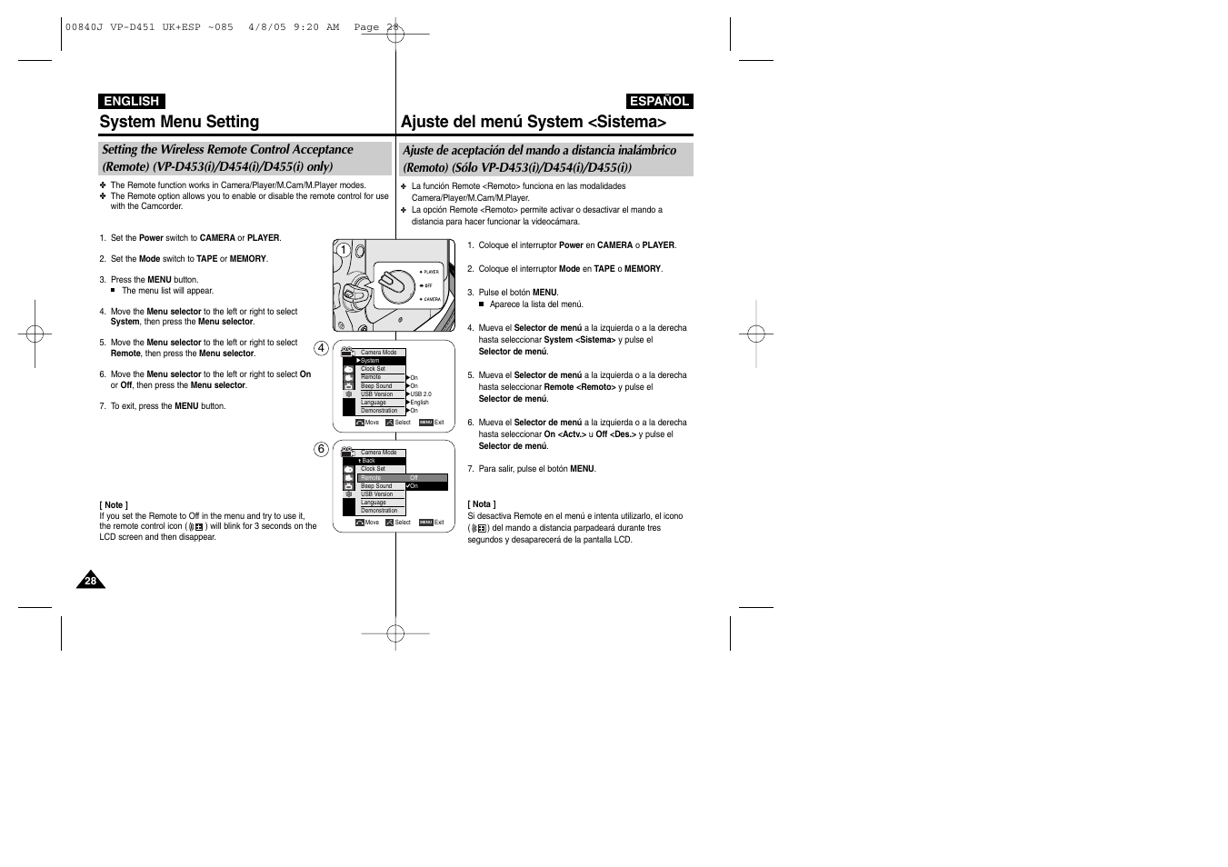 System menu setting, Ajuste del menú system <sistema | Samsung D452N User Manual | Page 28 / 120