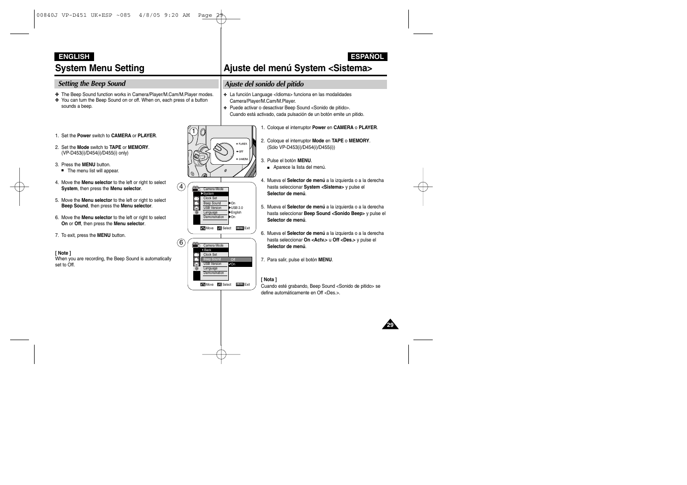 System menu setting, Ajuste del menú system <sistema | Samsung D452N User Manual | Page 29 / 120