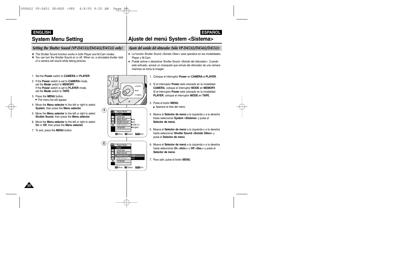 System menu setting, Ajuste del menú system <sistema | Samsung D452N User Manual | Page 30 / 120