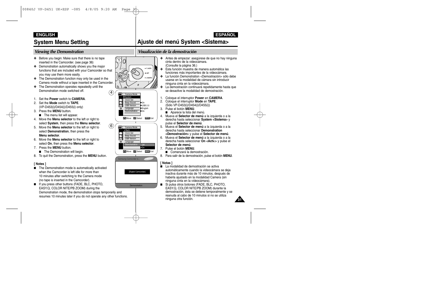 System menu setting, Ajuste del menú system <sistema | Samsung D452N User Manual | Page 31 / 120