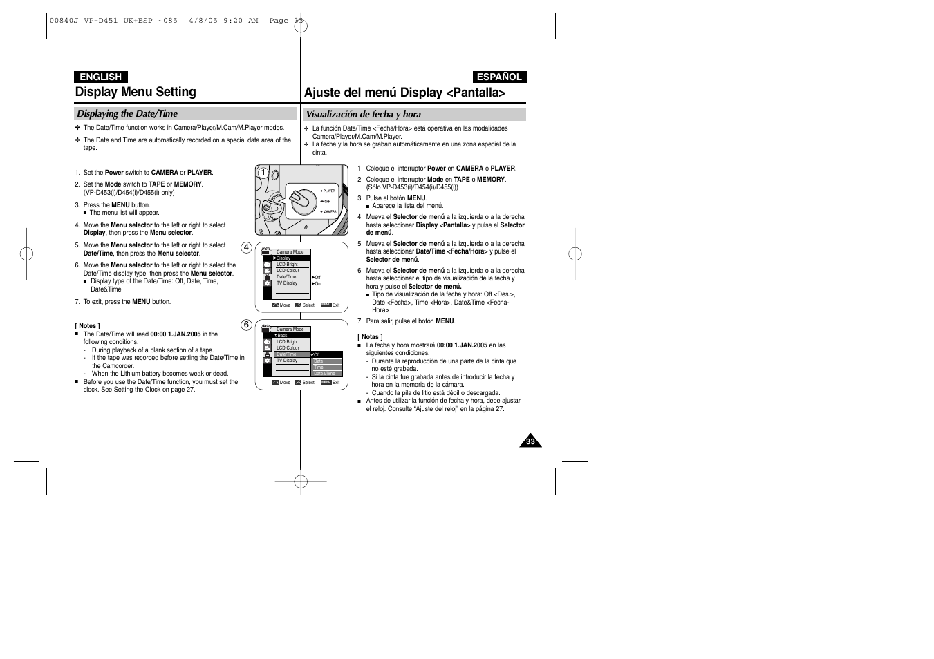 Display menu setting, Ajuste del menú display <pantalla | Samsung D452N User Manual | Page 33 / 120