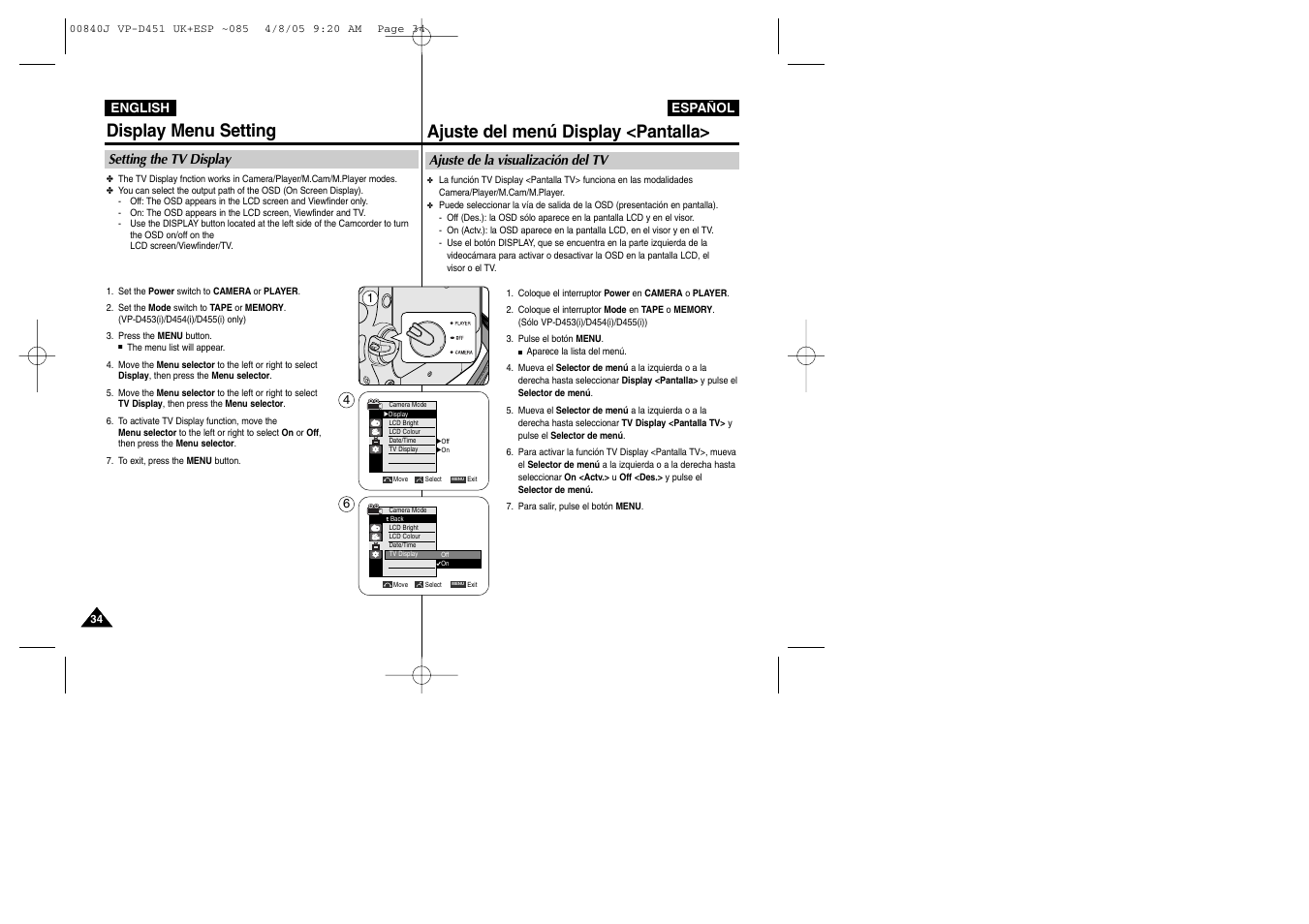 Display menu setting, Ajuste del menú display <pantalla | Samsung D452N User Manual | Page 34 / 120