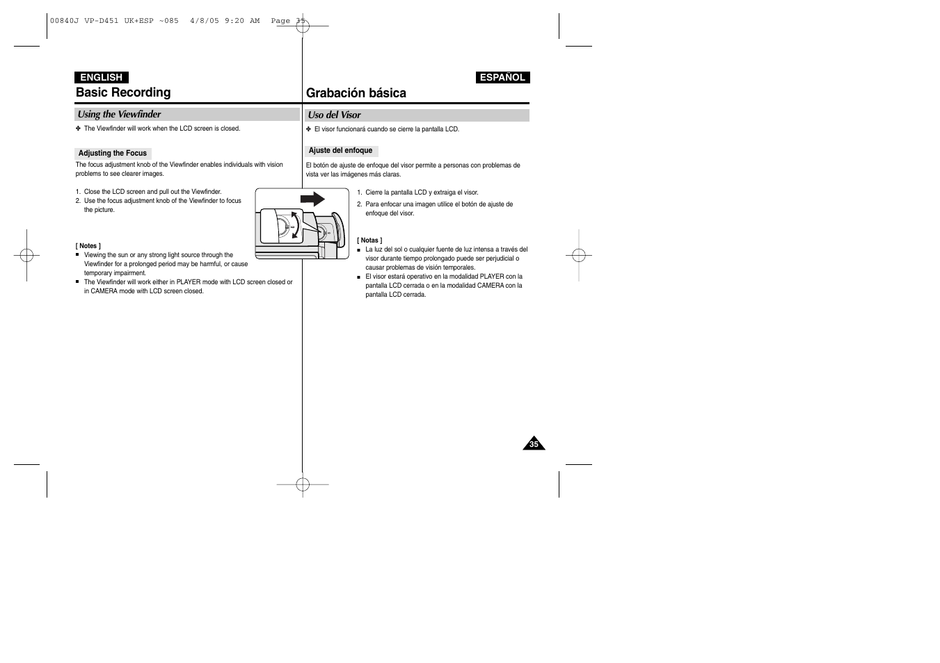 Basic recording, Grabación básica | Samsung D452N User Manual | Page 35 / 120