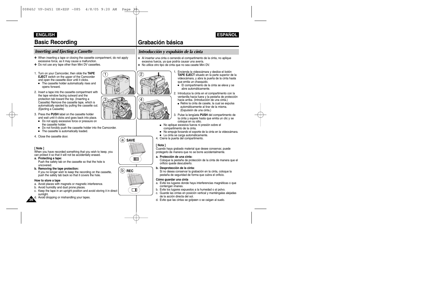 Basic recording, Grabación básica | Samsung D452N User Manual | Page 36 / 120