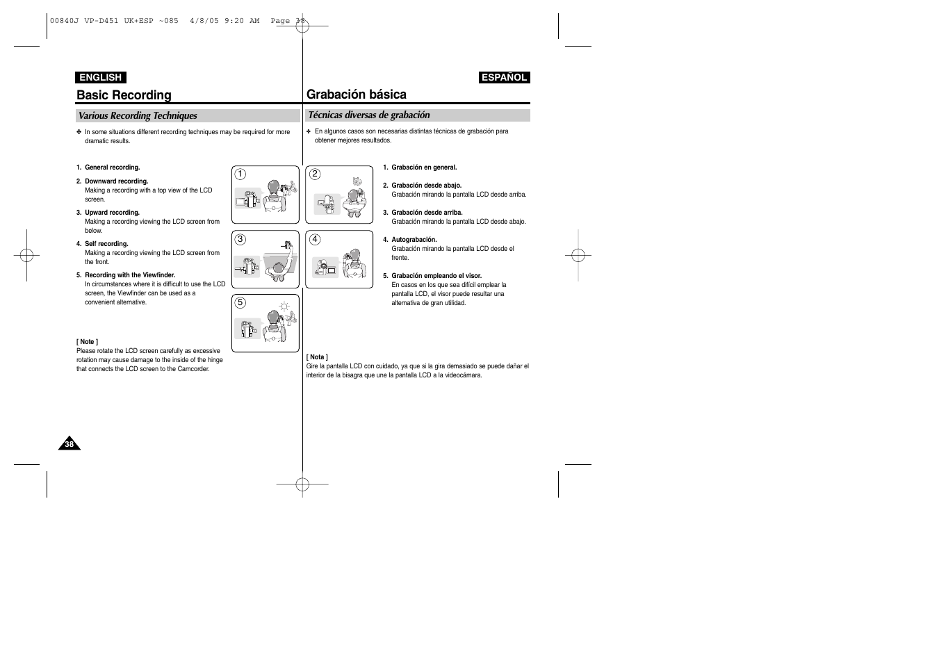Basic recording, Grabación básica | Samsung D452N User Manual | Page 38 / 120