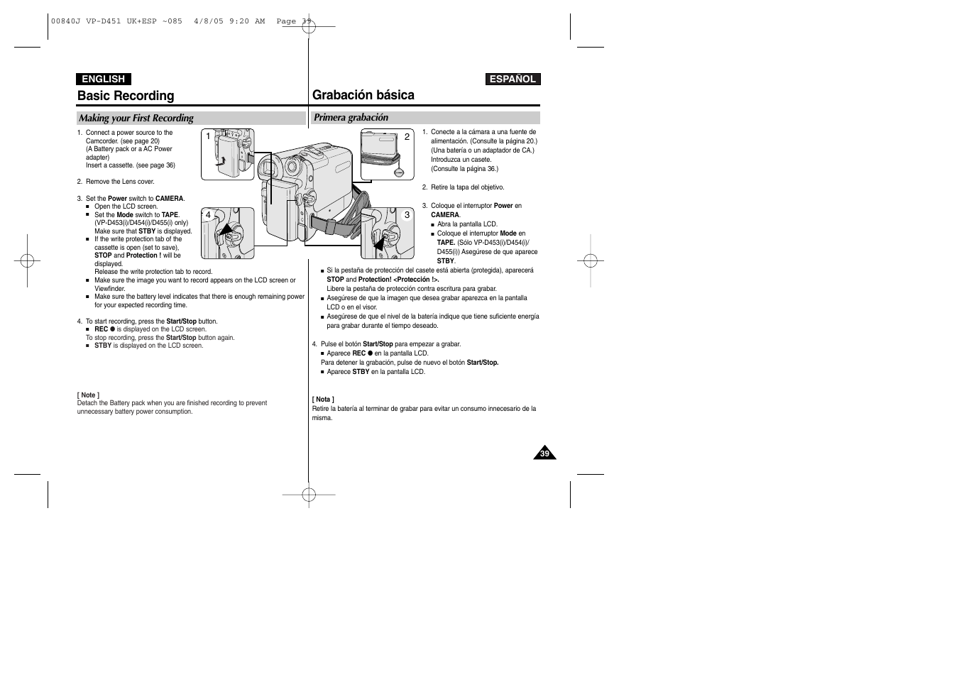 Basic recording, Grabación básica | Samsung D452N User Manual | Page 39 / 120