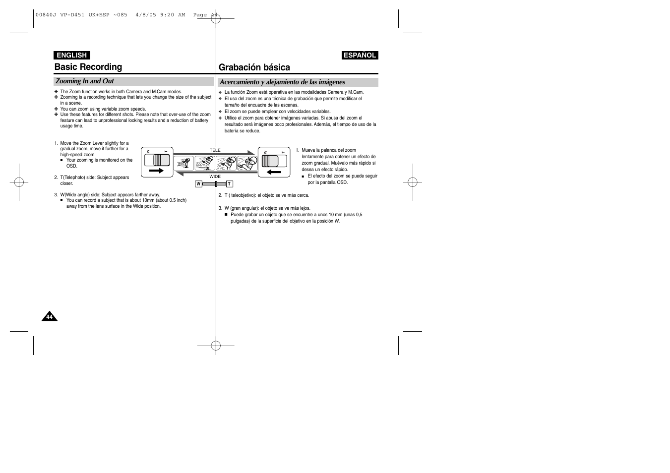 Basic recording, Grabación básica | Samsung D452N User Manual | Page 44 / 120