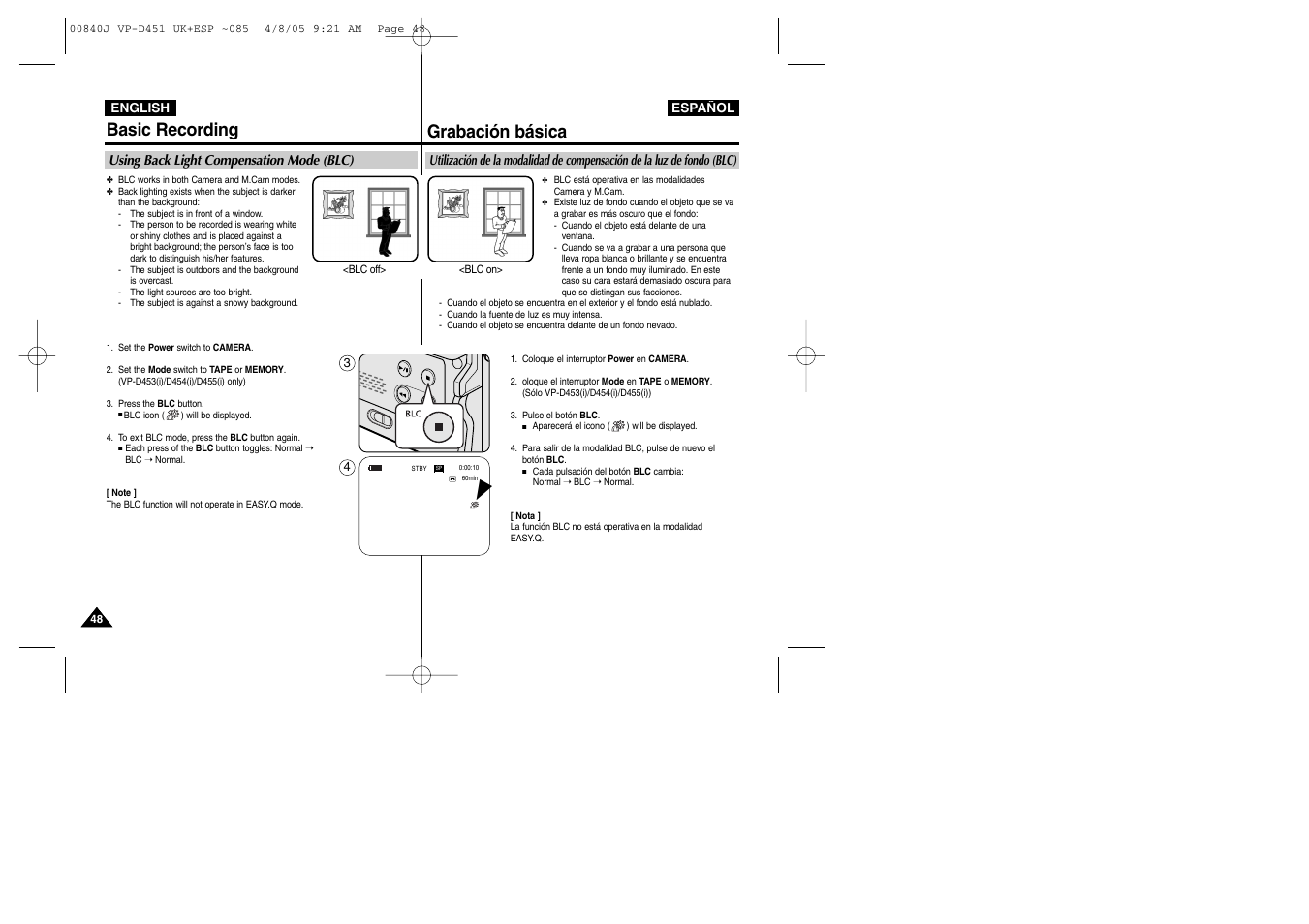 Basic recording, Grabación básica | Samsung D452N User Manual | Page 48 / 120