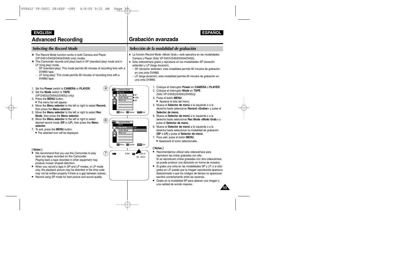 Advanced recording, Grabación avanzada | Samsung D452N User Manual | Page 53 / 120