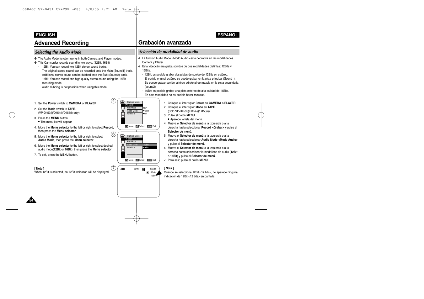 Advanced recording, Grabación avanzada | Samsung D452N User Manual | Page 54 / 120