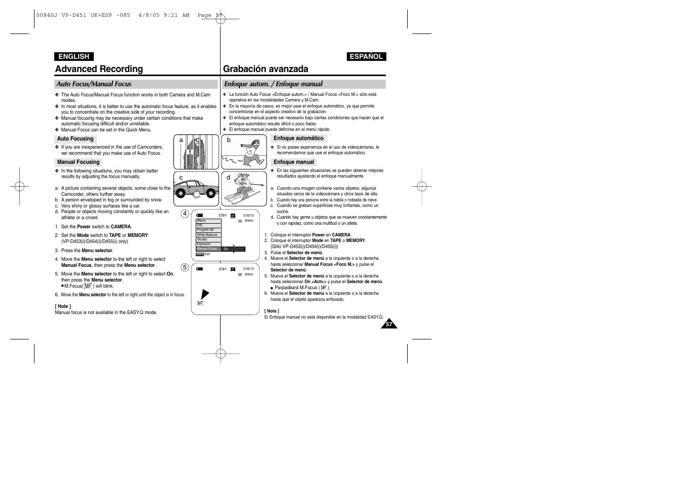 Advanced recording, Grabación avanzada | Samsung D452N User Manual | Page 57 / 120