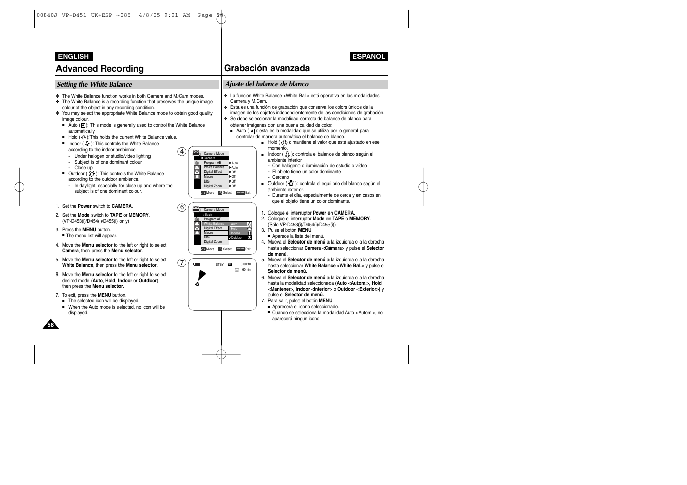 Advanced recording, Grabación avanzada, Setting the white balance | Ajuste del balance de blanco | Samsung D452N User Manual | Page 58 / 120