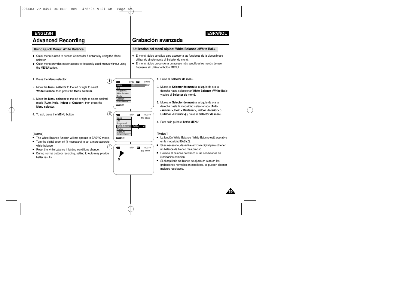 Advanced recording, Grabación avanzada | Samsung D452N User Manual | Page 59 / 120