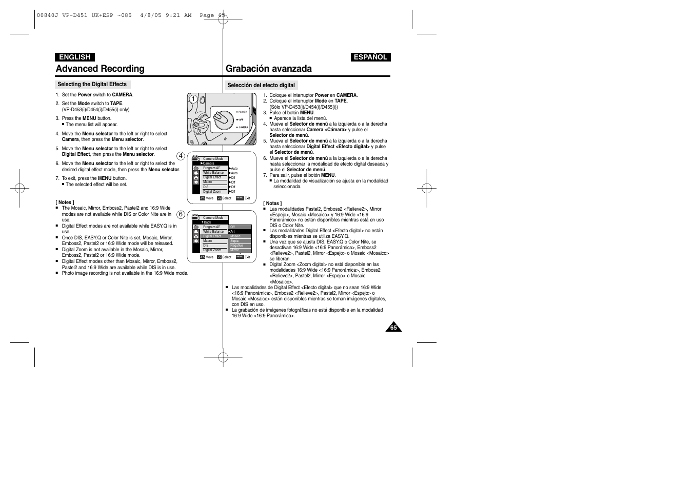 Advanced recording, Grabación avanzada | Samsung D452N User Manual | Page 65 / 120