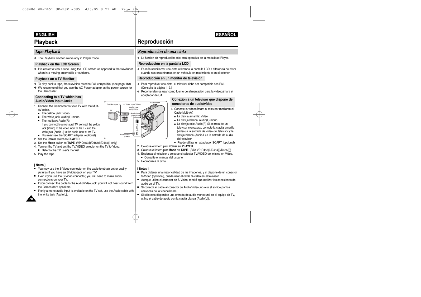 Playback, Reproducción, Tape playback | Reproducción de una cinta | Samsung D452N User Manual | Page 70 / 120