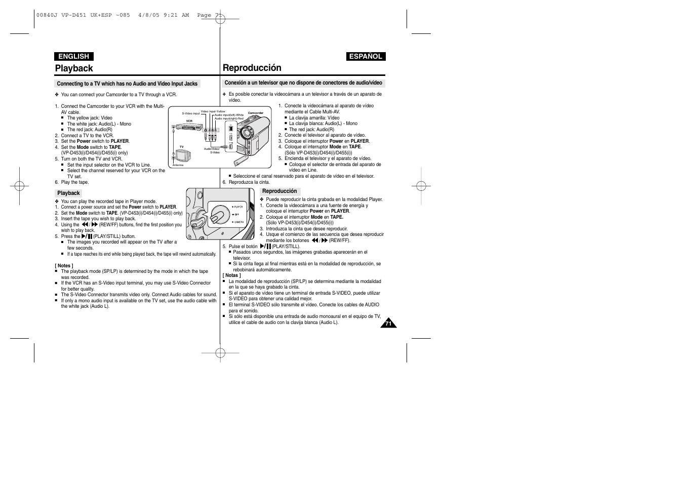 Playback, Reproducción | Samsung D452N User Manual | Page 71 / 120