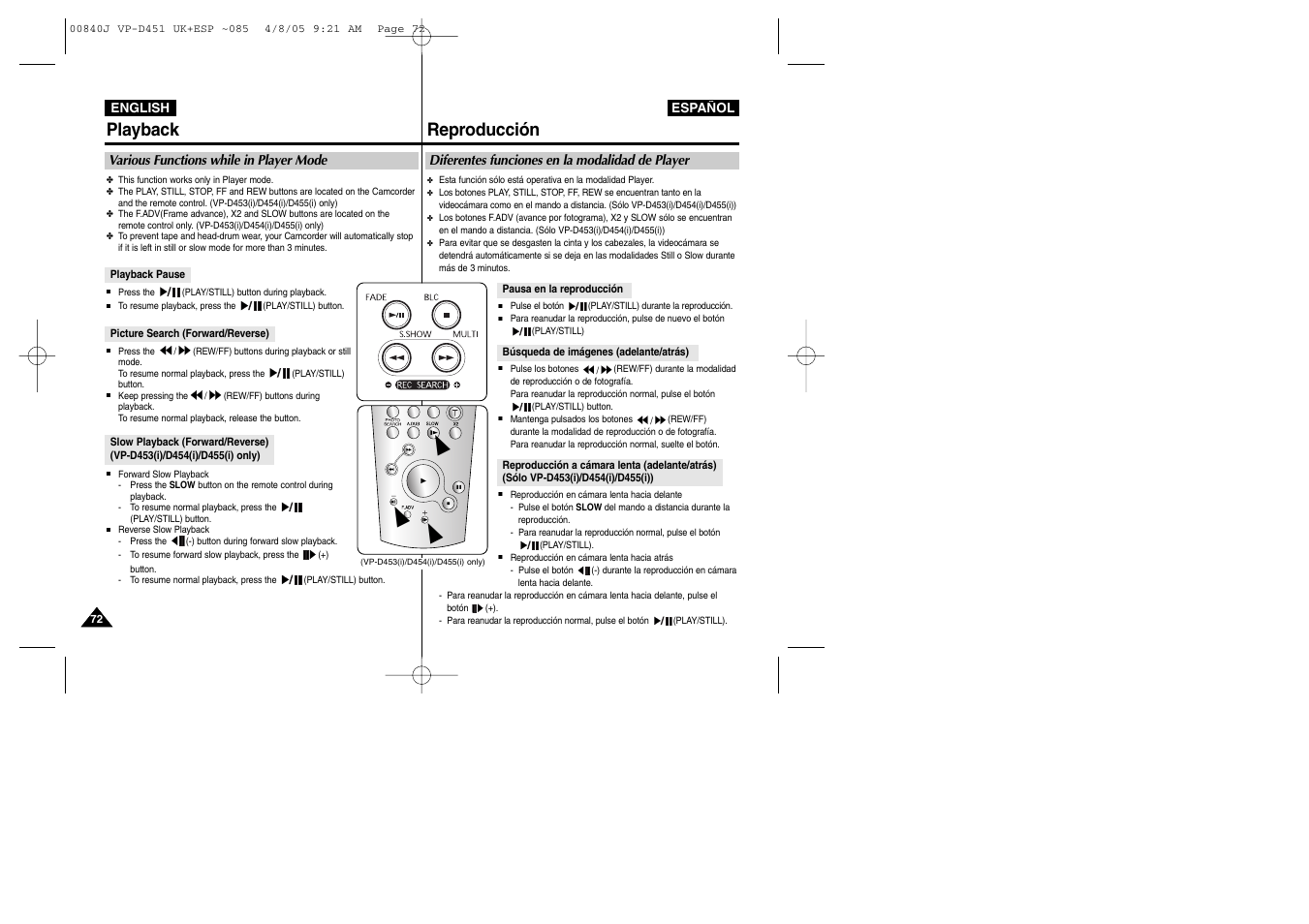Playback, Reproducción | Samsung D452N User Manual | Page 72 / 120