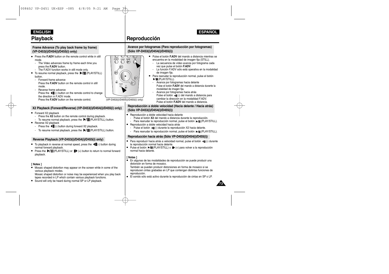 Playback, Reproducción | Samsung D452N User Manual | Page 73 / 120