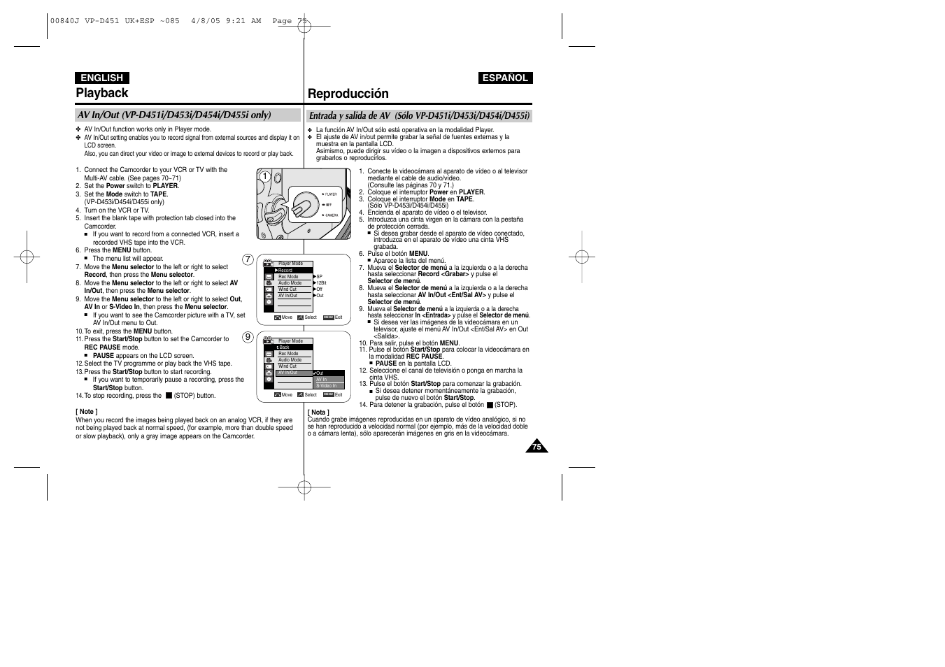 Reproducción, Playback | Samsung D452N User Manual | Page 75 / 120