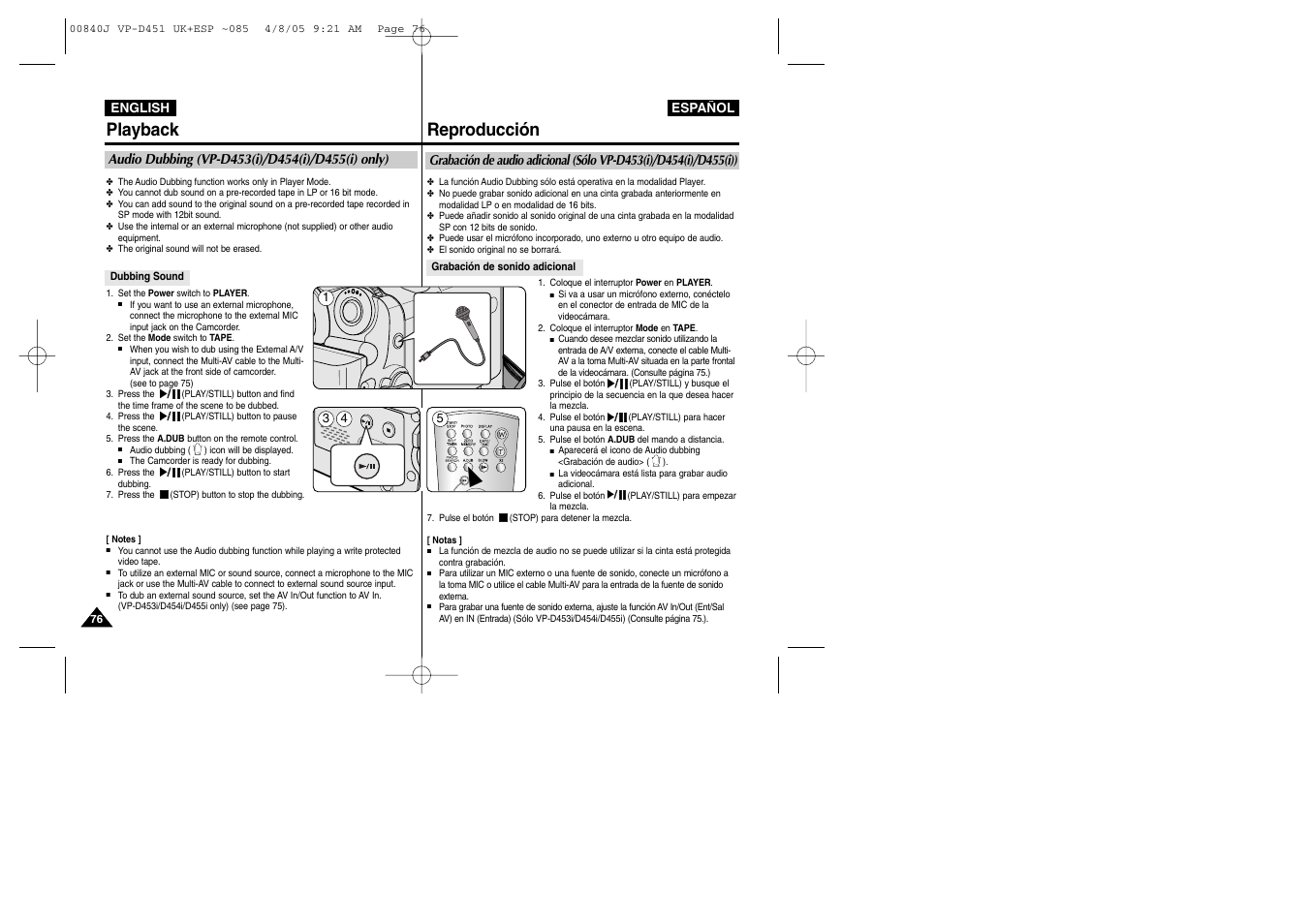 Playback, Reproducción | Samsung D452N User Manual | Page 76 / 120