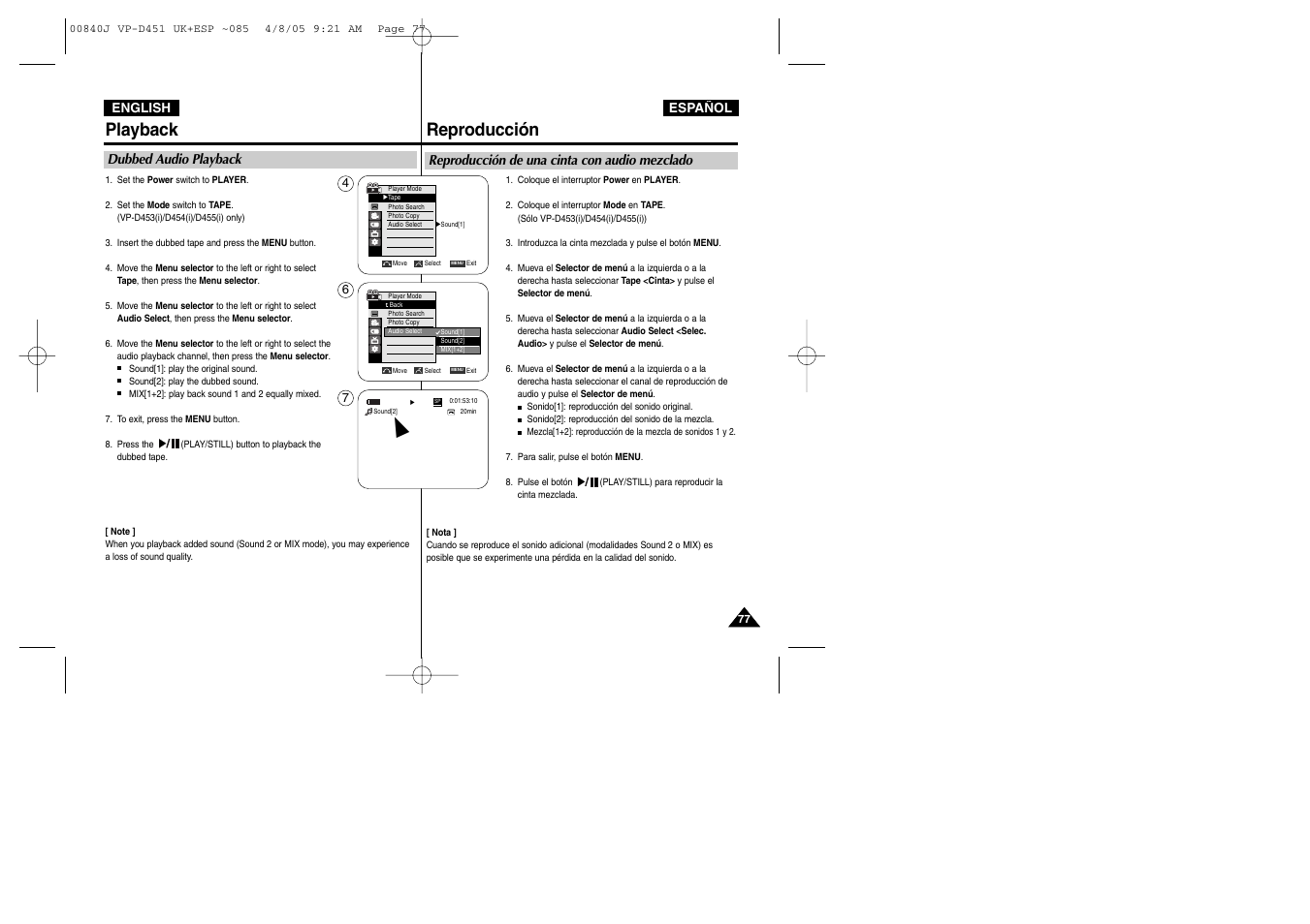 Playback, Reproducción | Samsung D452N User Manual | Page 77 / 120