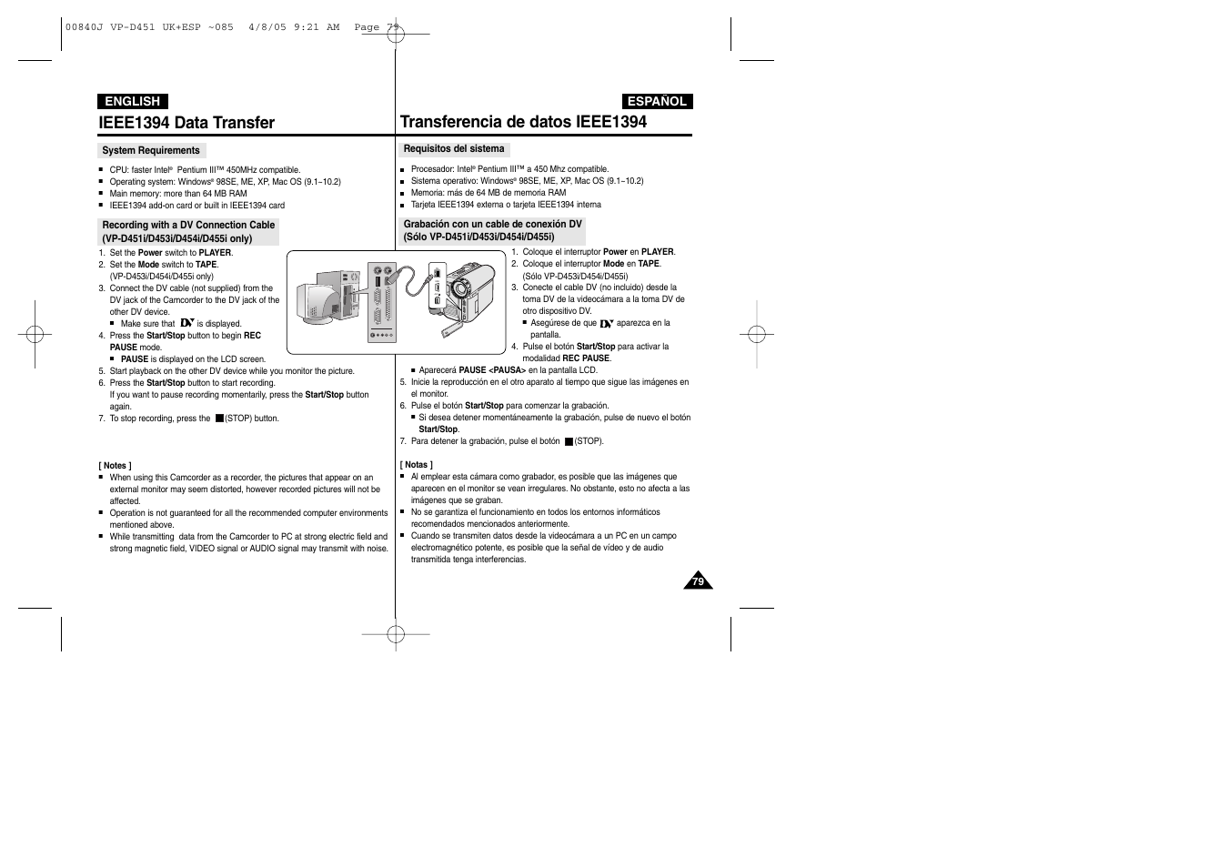 Dv usb av/ s, Ieee1394 data transfer, Transferencia de datos ieee1394 | Samsung D452N User Manual | Page 79 / 120