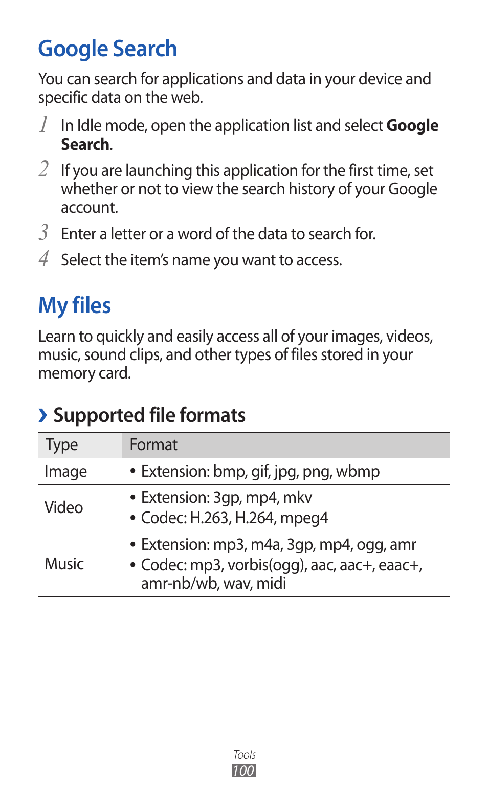 Google search, My files, Google search my files | 4my files, Supported file formats | Samsung GALAXY Y GT-S5360 User Manual | Page 100 / 133
