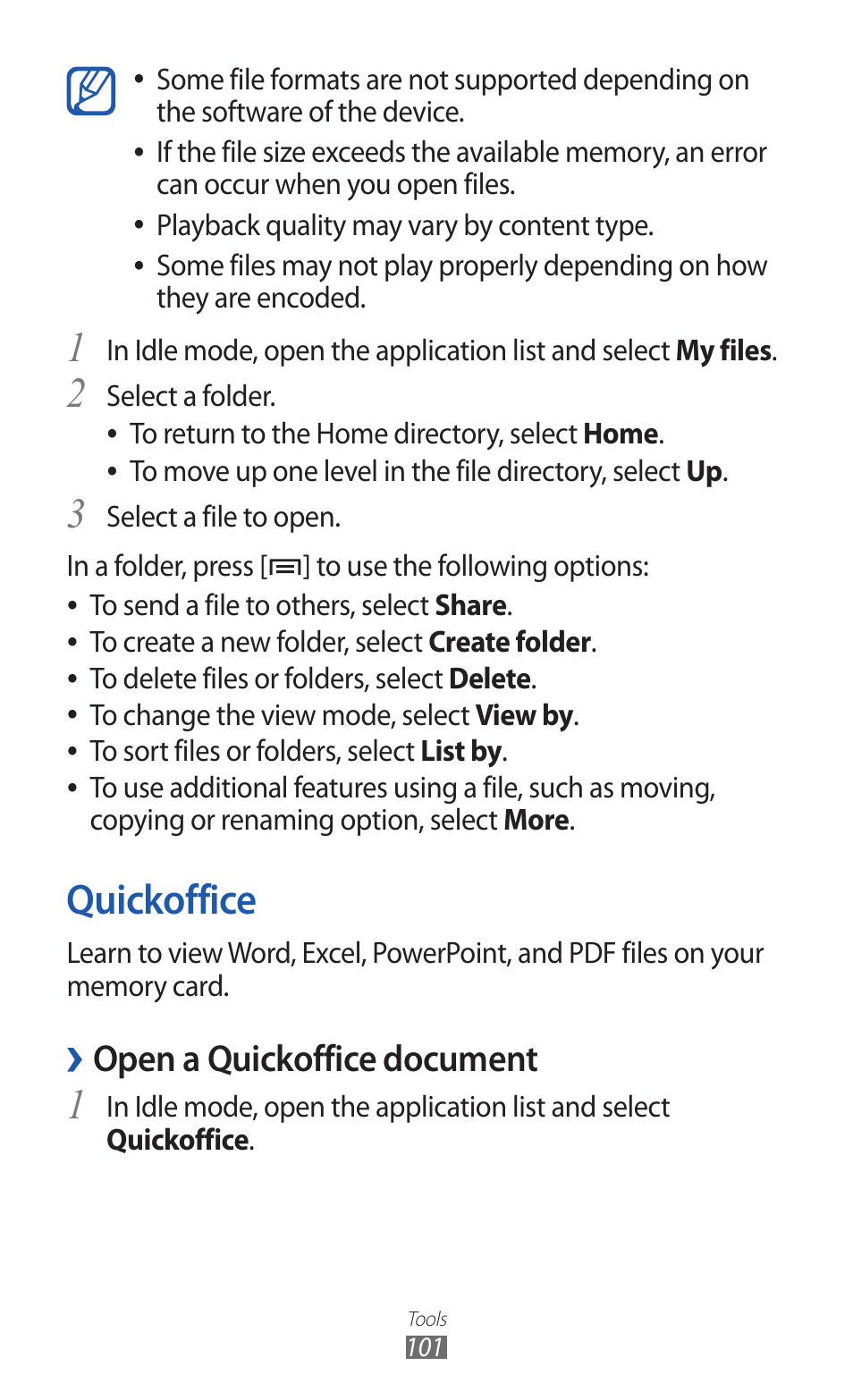 Quickoffice, Open a quickoffice document | Samsung GALAXY Y GT-S5360 User Manual | Page 101 / 133