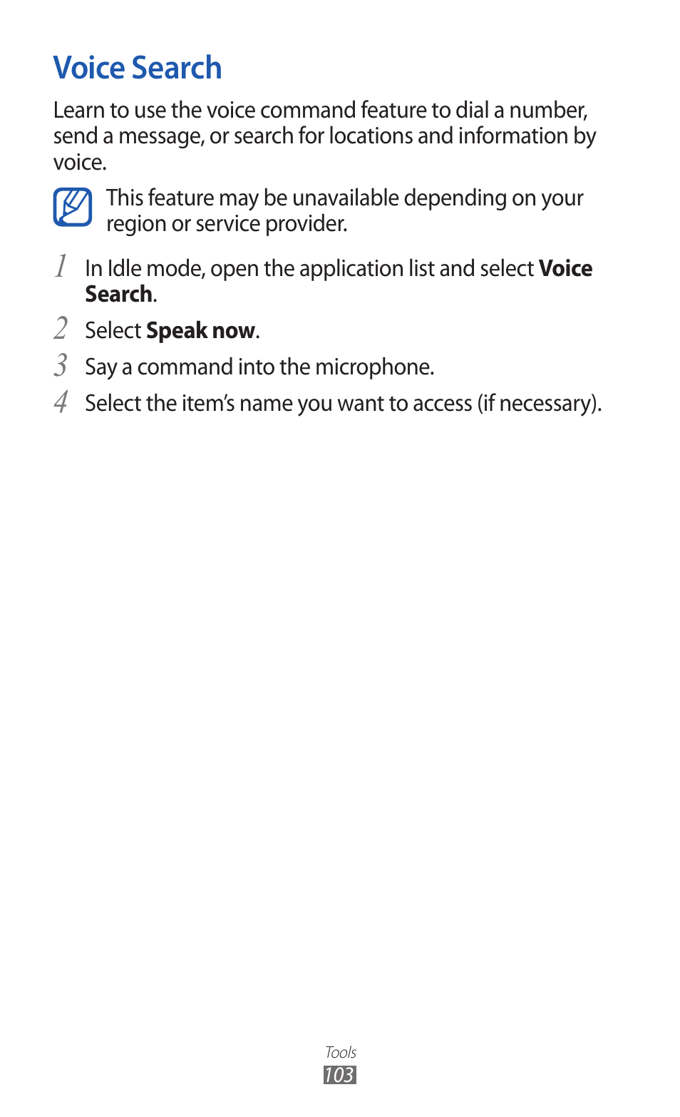 Voice search | Samsung GALAXY Y GT-S5360 User Manual | Page 103 / 133