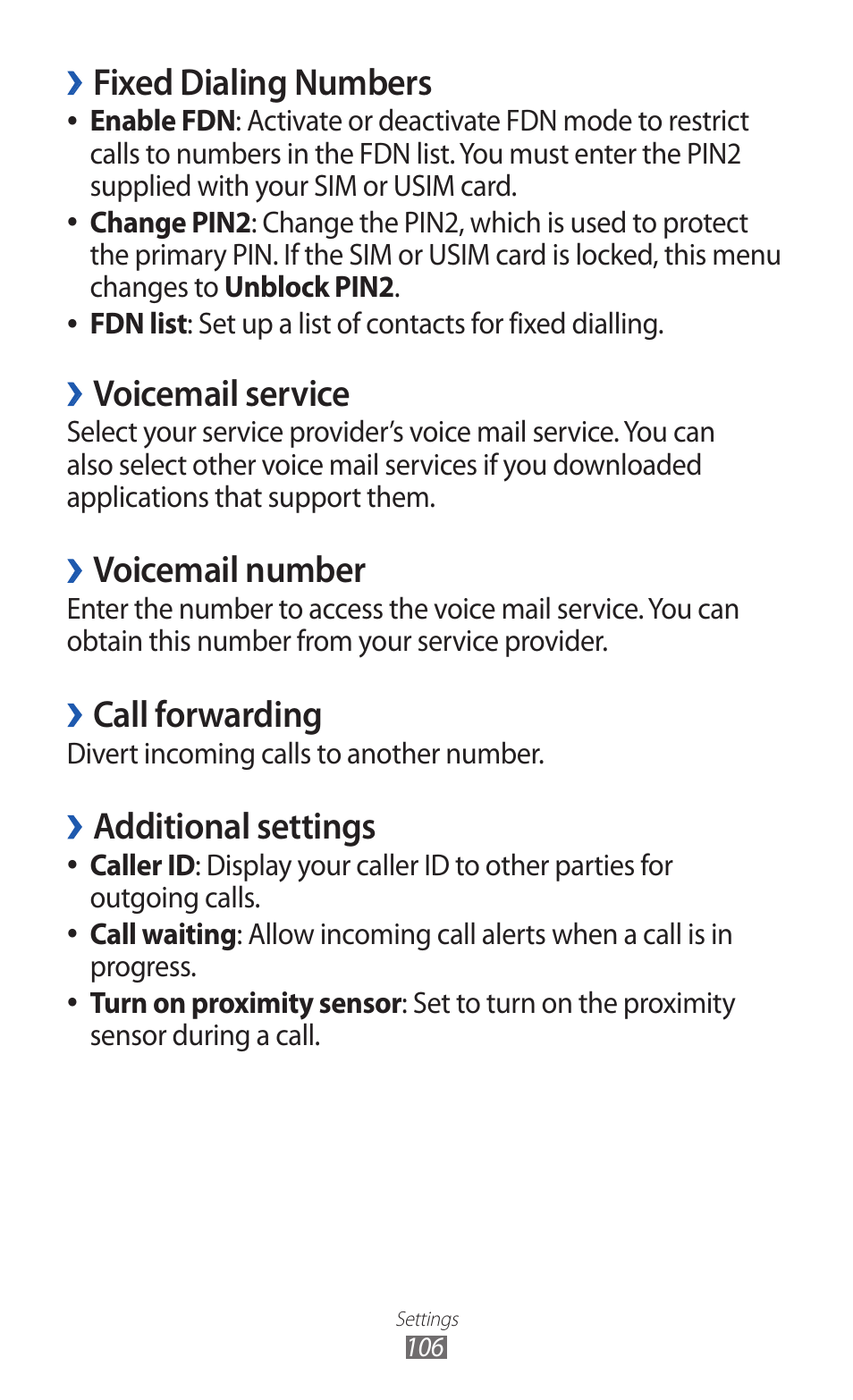 Fixed dialing numbers, Voicemail service, Voicemail number | Call forwarding, Additional settings | Samsung GALAXY Y GT-S5360 User Manual | Page 106 / 133