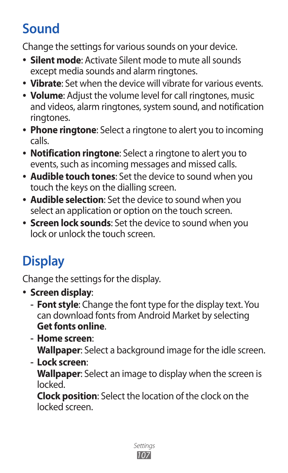 Sound, Display, Sound display | Samsung GALAXY Y GT-S5360 User Manual | Page 107 / 133