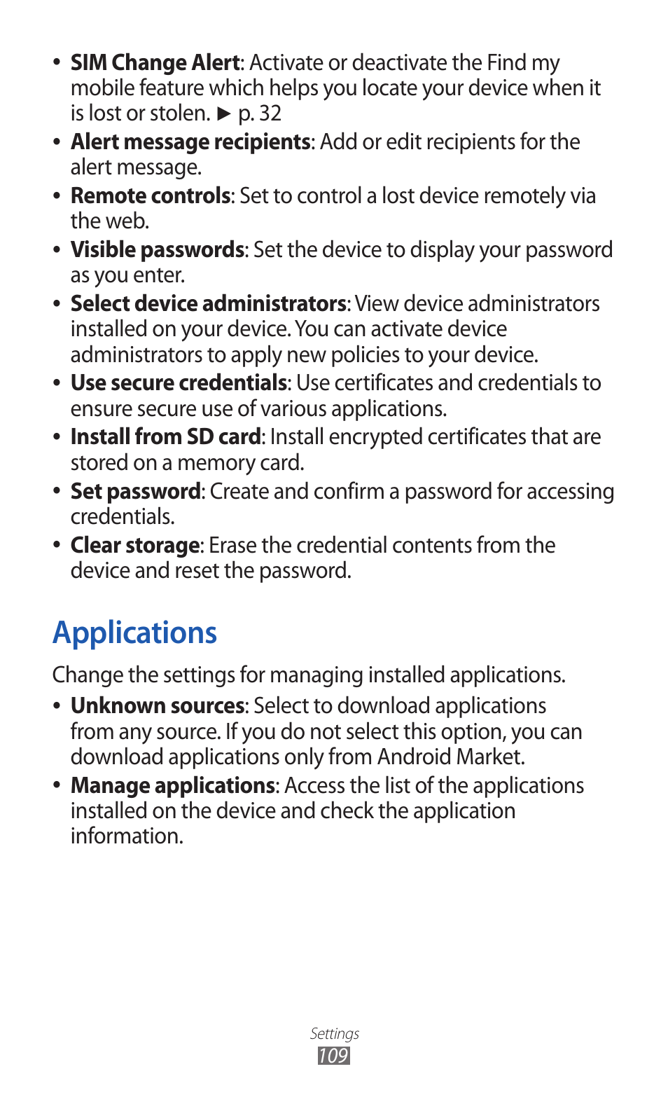 Applications, Sim change alert, P . 32 alert message recipients | Samsung GALAXY Y GT-S5360 User Manual | Page 109 / 133