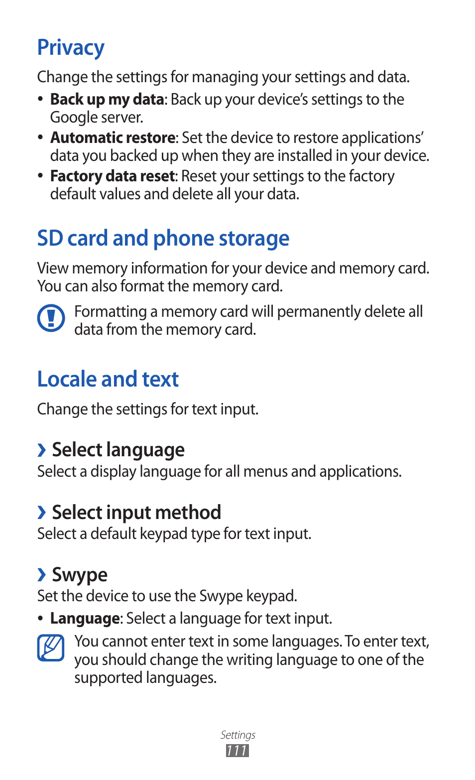 Privacy, Sd card and phone storage, Locale and text | Privacy sd card and phone storage locale and text, Select language, Select input method, Swype | Samsung GALAXY Y GT-S5360 User Manual | Page 111 / 133