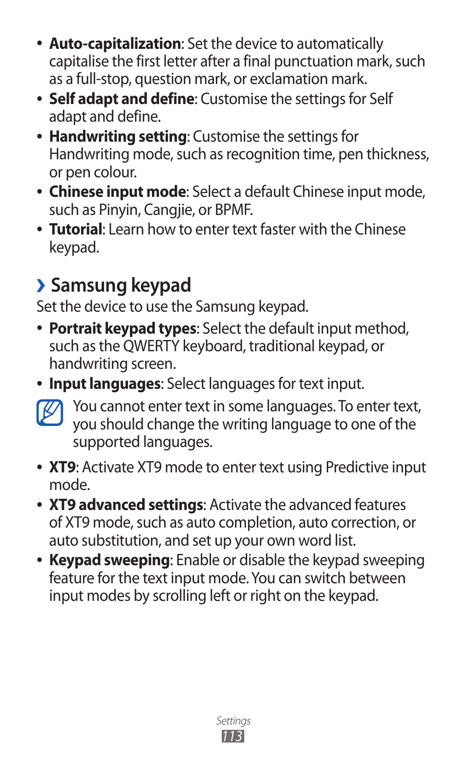 Samsung keypad, Auto-capitalization | Samsung GALAXY Y GT-S5360 User Manual | Page 113 / 133