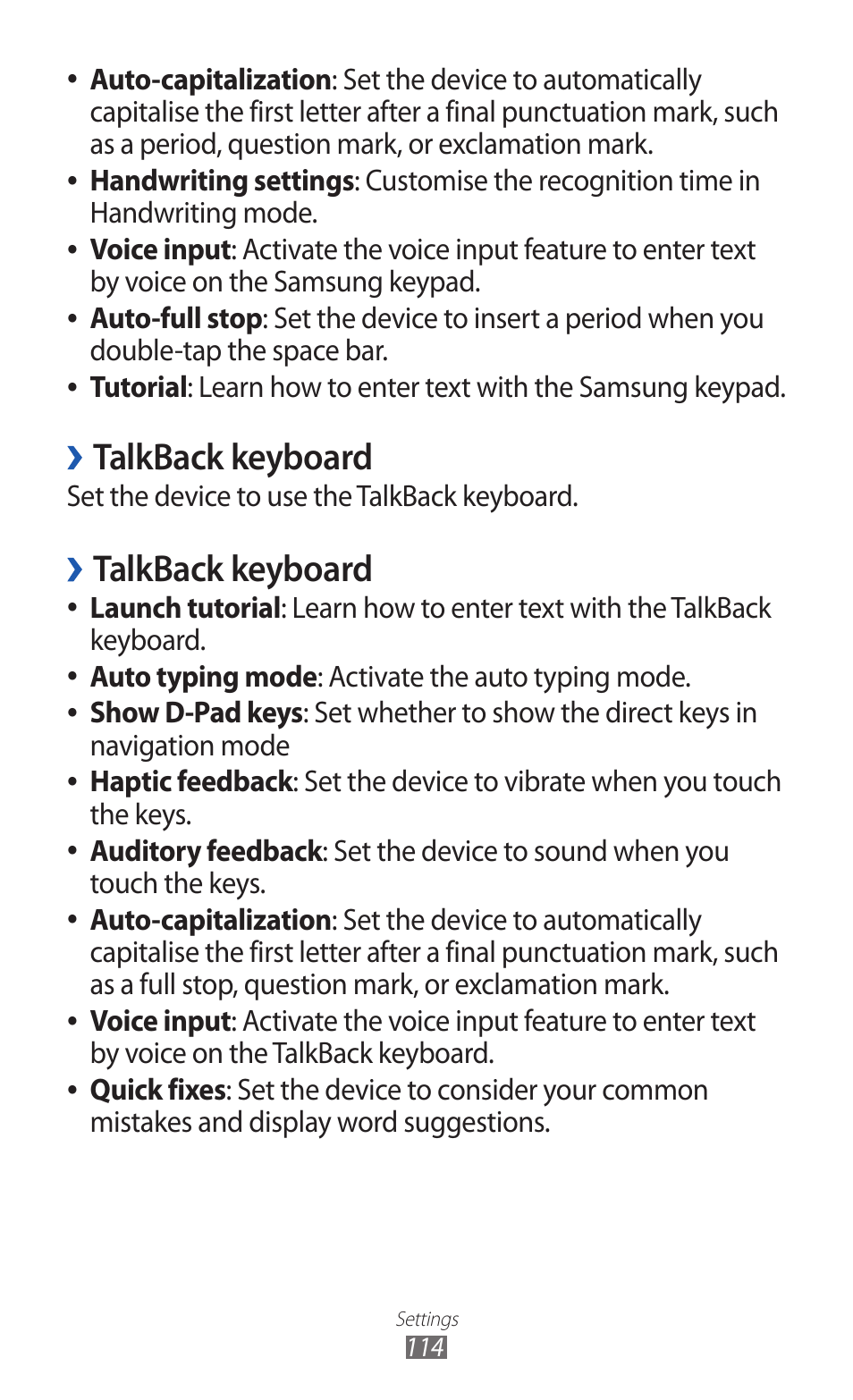 Talkback keyboard, Auto-capitalization, Learn how to enter text with the samsung keypad | Set the device to use the talkback keyboard, Launch tutorial, Activate the auto typing mode. show d-pad keys | Samsung GALAXY Y GT-S5360 User Manual | Page 114 / 133