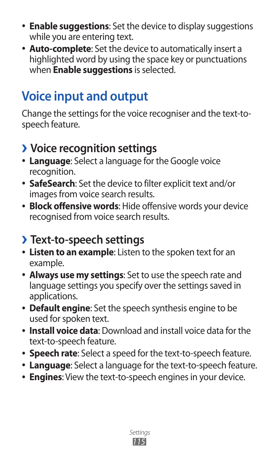 Voice input and output, Voice recognition settings, Text-to-speech settings | Samsung GALAXY Y GT-S5360 User Manual | Page 115 / 133