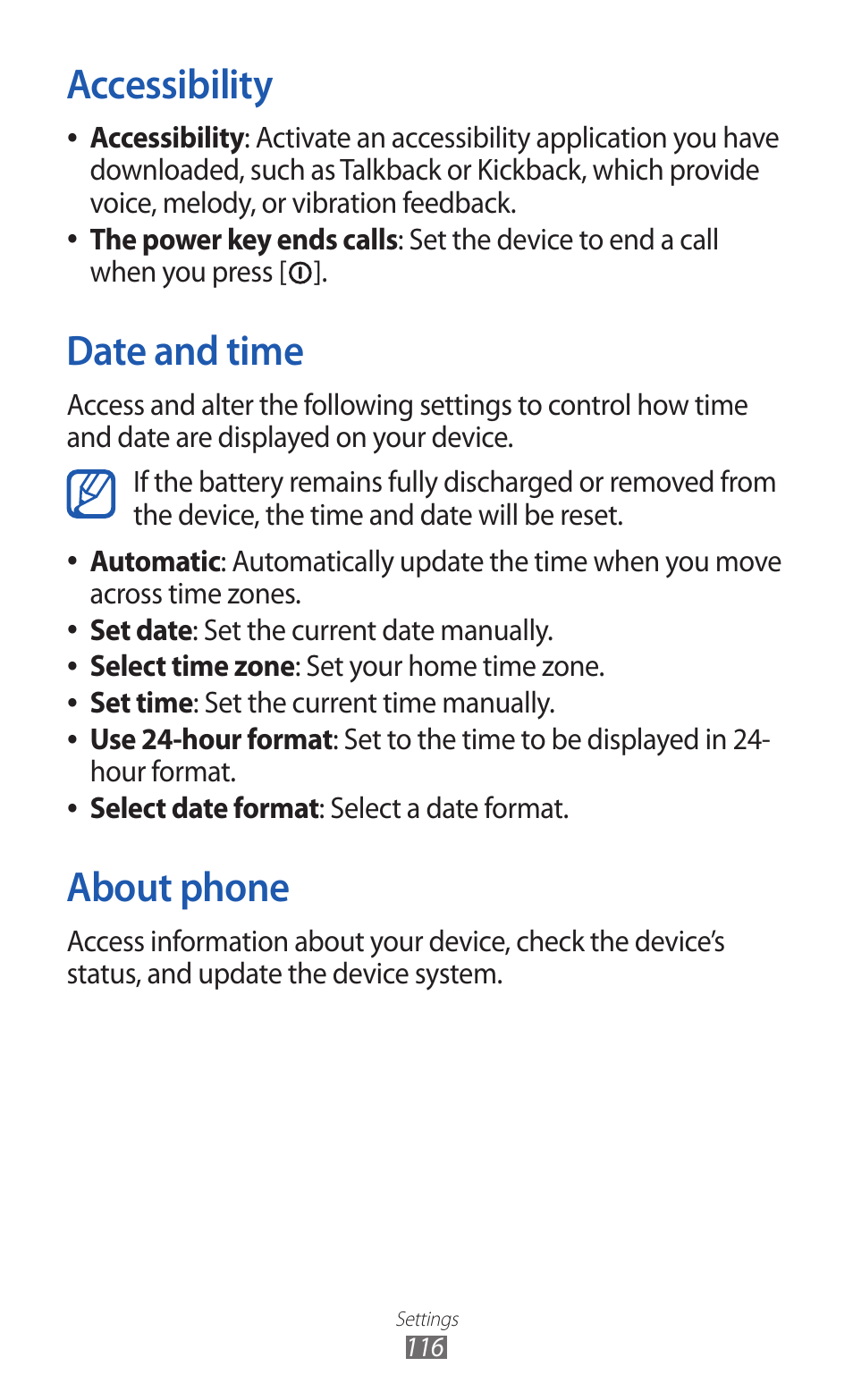 Accessibility, Date and time, About phone | Accessibility date and time about phone, Set the device to end a call when you press, Set the current date manually. select time zone, Set your home time zone. set time, Set the current time manually. use 24-hour format, Select a date format | Samsung GALAXY Y GT-S5360 User Manual | Page 116 / 133