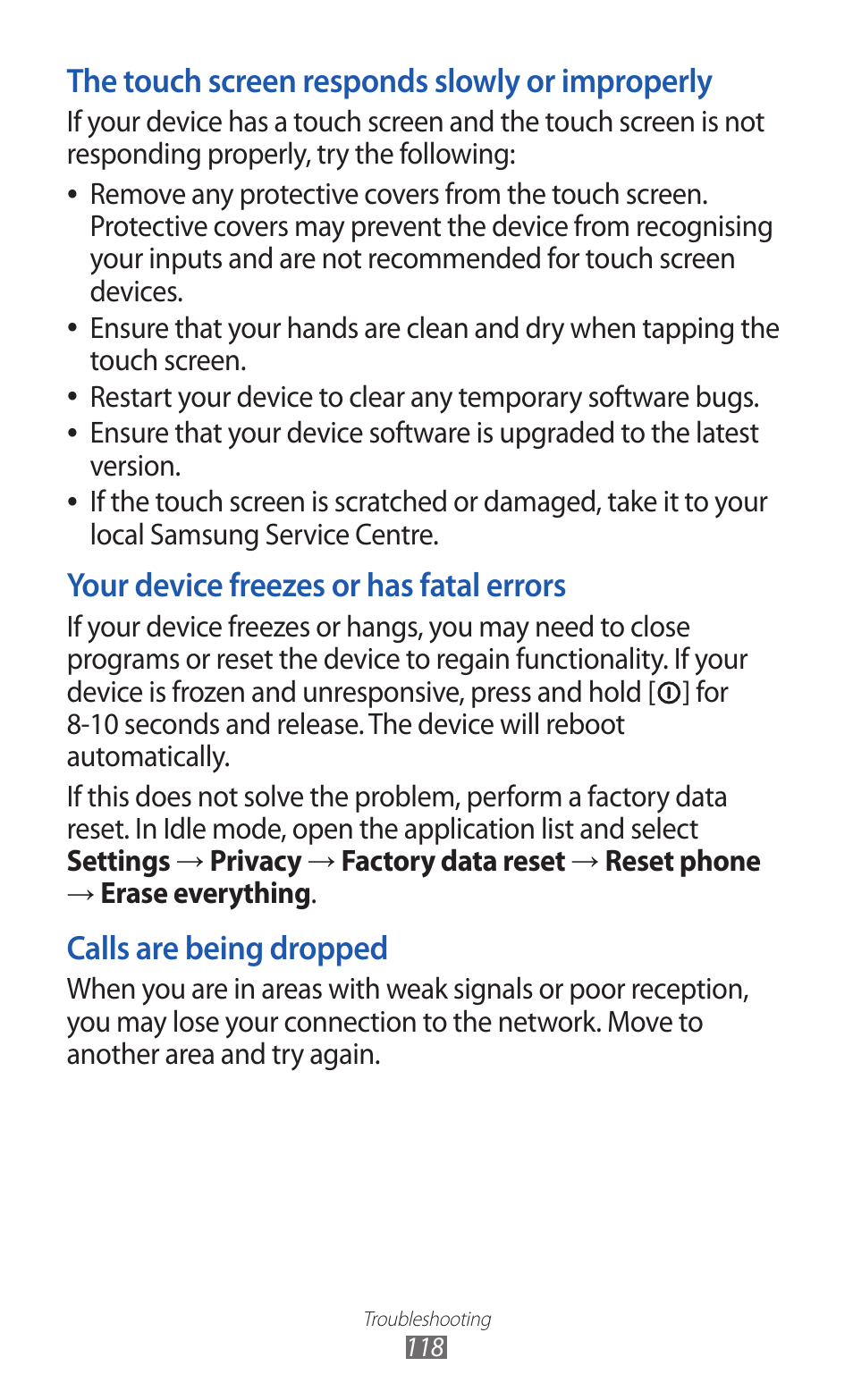 The touch screen responds slowly or improperly, Your device freezes or has fatal errors, Calls are being dropped | Samsung GALAXY Y GT-S5360 User Manual | Page 118 / 133