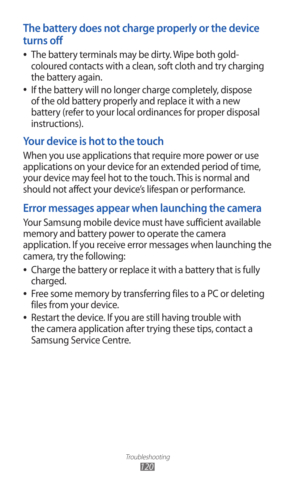 Your device is hot to the touch, Error messages appear when launching the camera | Samsung GALAXY Y GT-S5360 User Manual | Page 120 / 133